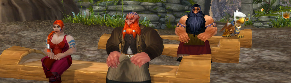 Three dwarf roleplayers sitting on wooden benches