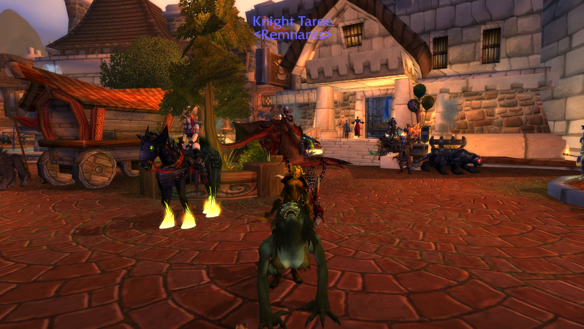 A gnome on a crawling mount in Stormwind Park at dusk