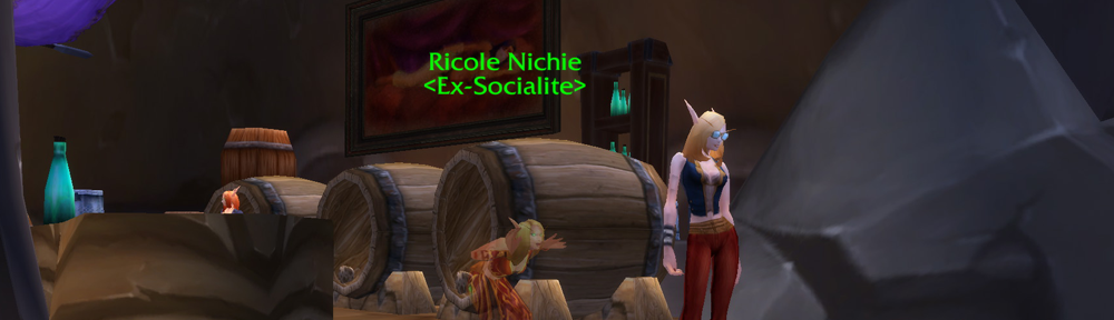 A blood elf standing at a bar lined with ale barrels