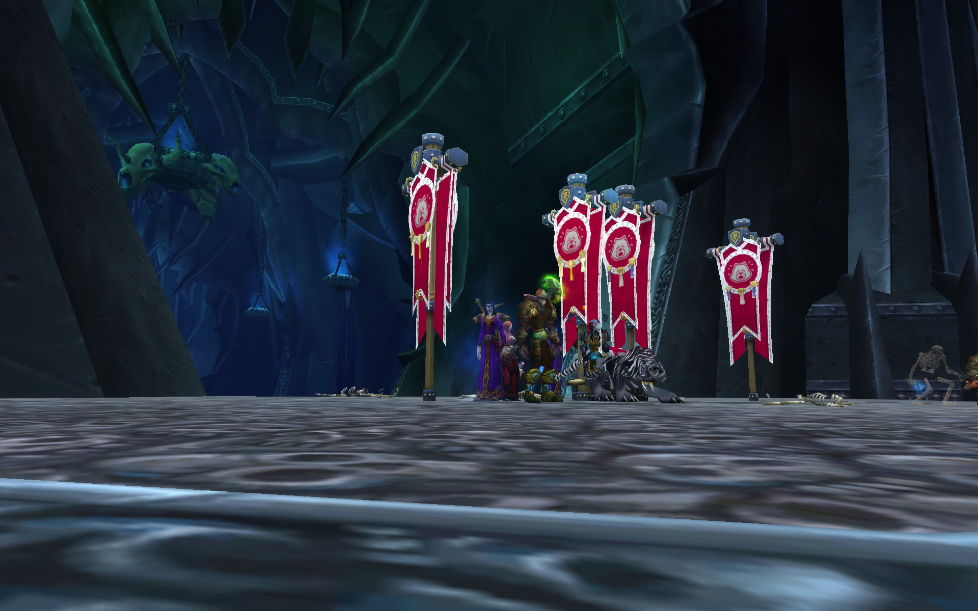 Guild banners planted in a dark citadel hall