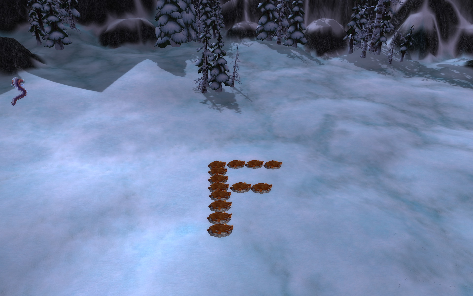 Feast platters arranged in the shape of a letter F on a snowy field