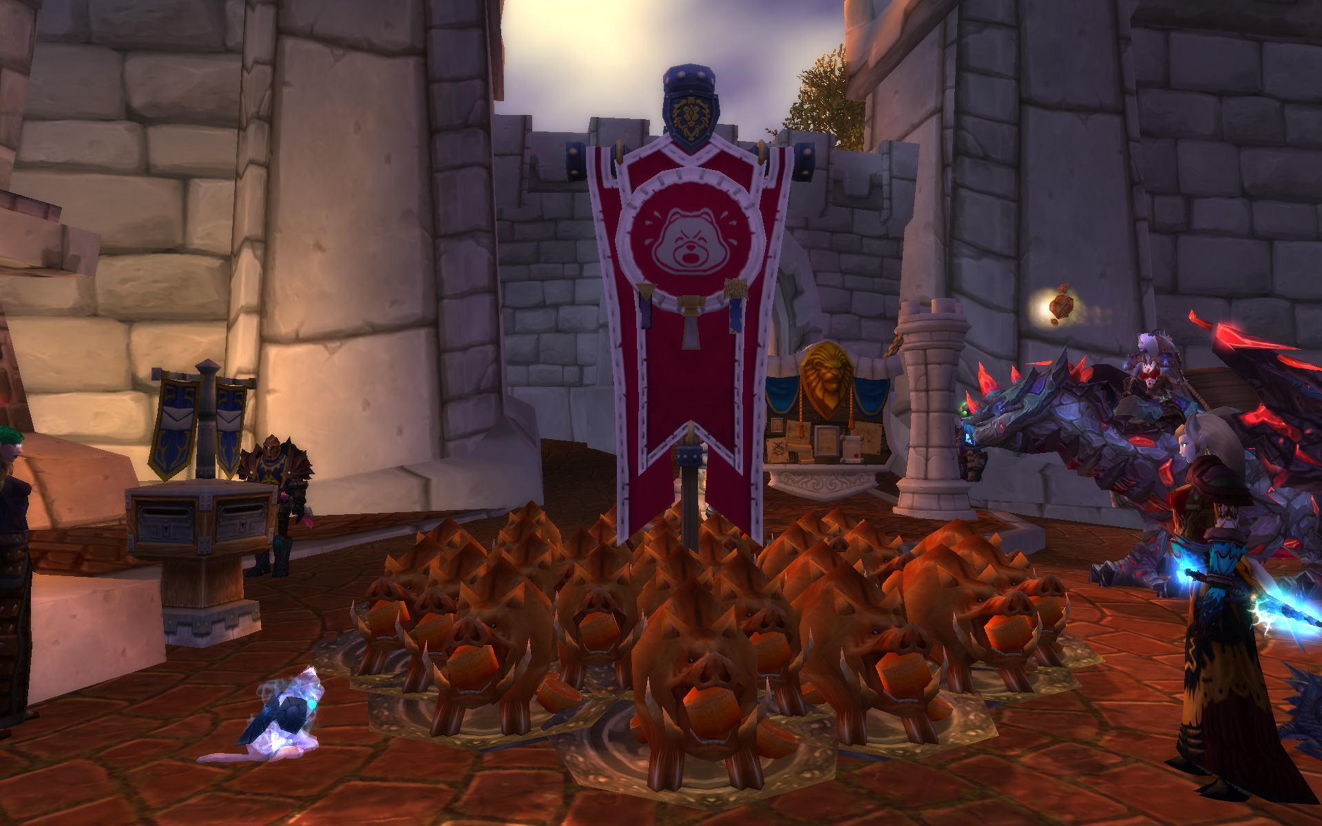 A giant guild banner towering over a pile of feasts in Stormwind