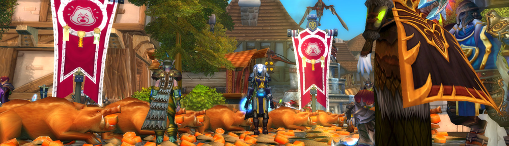 Two guild banners standing over rows of feasts in a village square