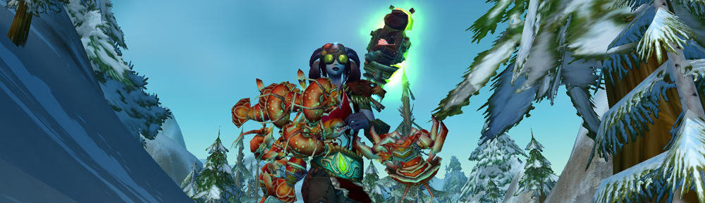 A forsaken character in swim gear carrying lobsters through a snowy forest