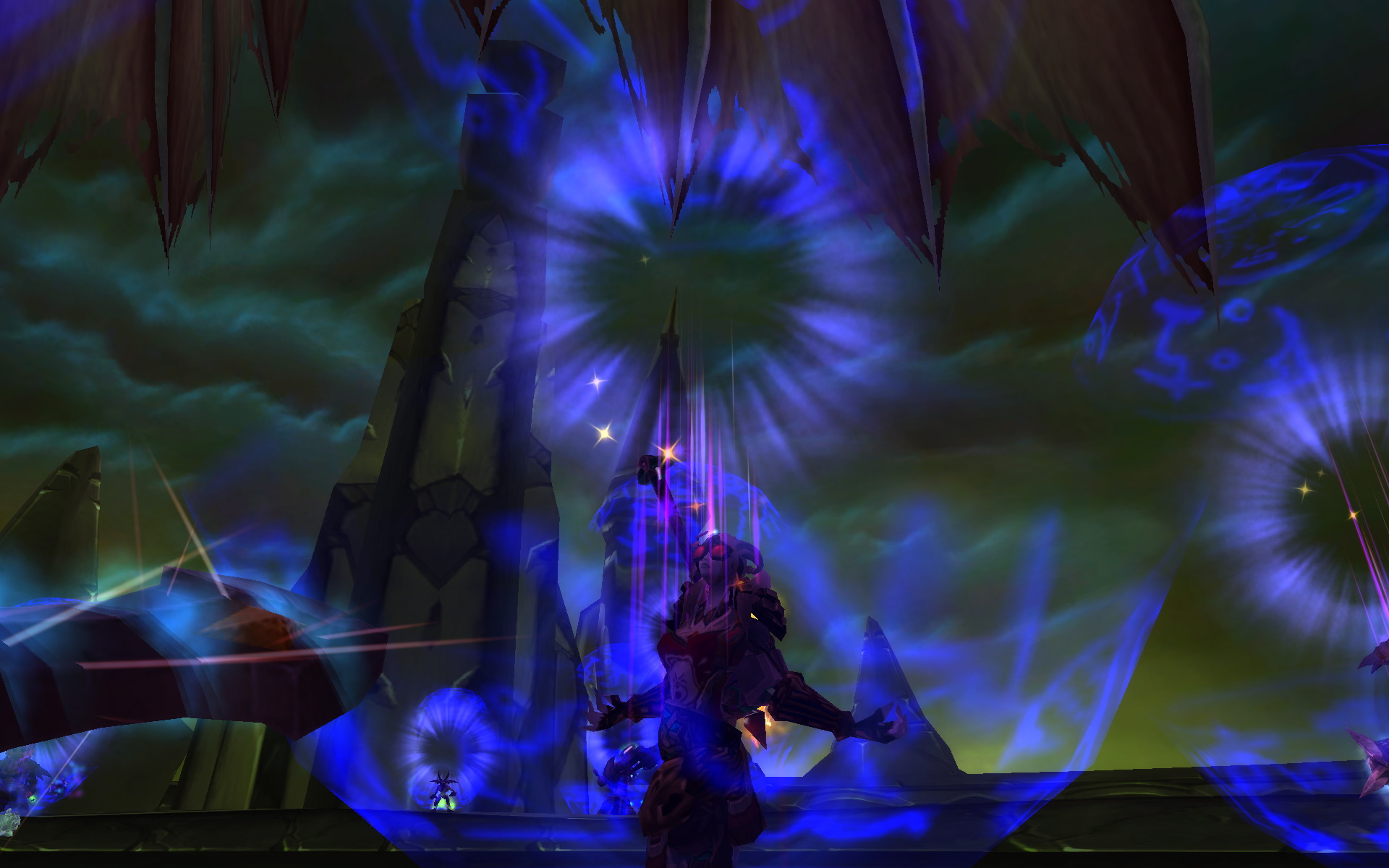 A character silhouetted against a massive purple portal storm