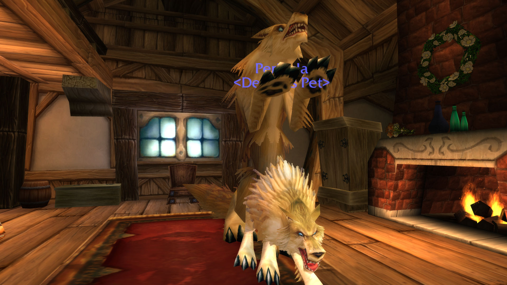 A wolf riding another wolf across an inn floor
