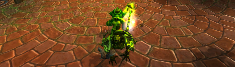 A character on a corrupted green mount in a stone courtyard, before