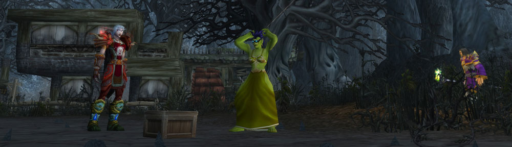 A roleplay scene with orc women at night in a dark forest clearing